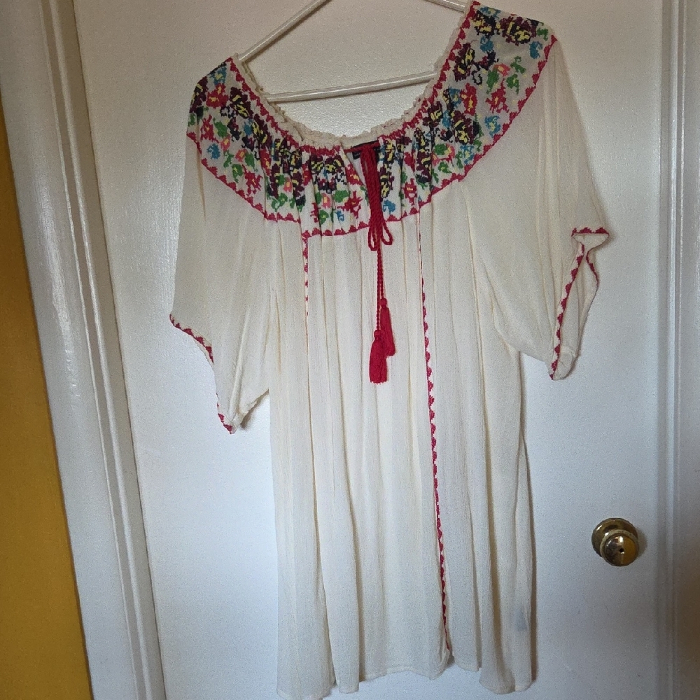 Embroidered Cream Blouse with Red Accents